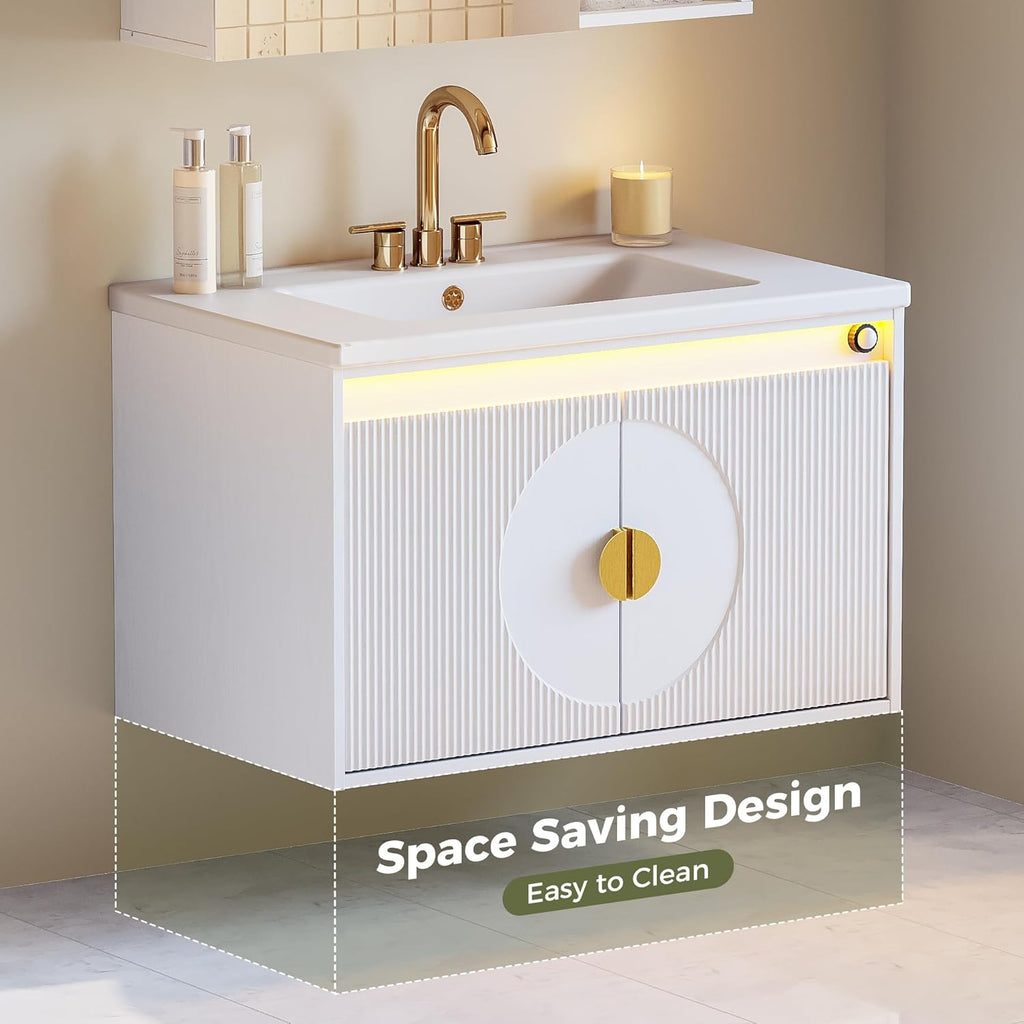 30-Inch Floating Bathroom Vanity Set with Sink & Mirror – Wall-Mounted Cabinets with LED Strip Lighting and Large Storage, White