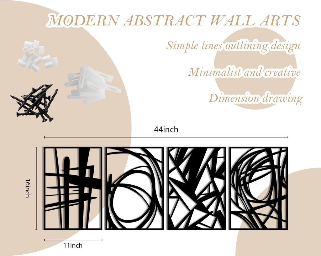 Black Metal Art Wall Decor, Modern Abstract Wall Art,3D Wall Sculptures,Black Metal Wall Art Bedroom Bathroom (4 - Set of 4