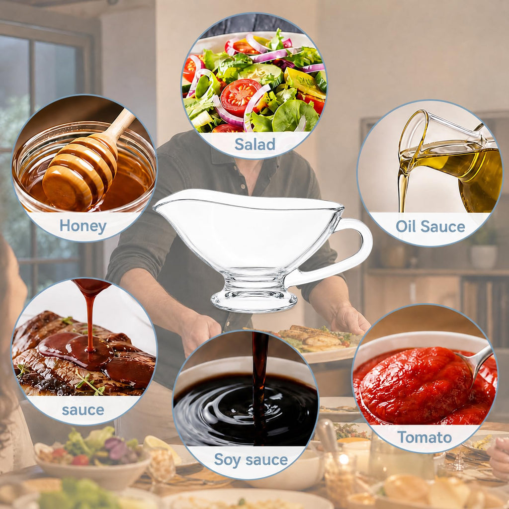 2 Pack 11 oz Saucy Glass Gravy Dish with Handle, Clear Gravy Sauce Boat for Dining, Holiday Meals & Parties