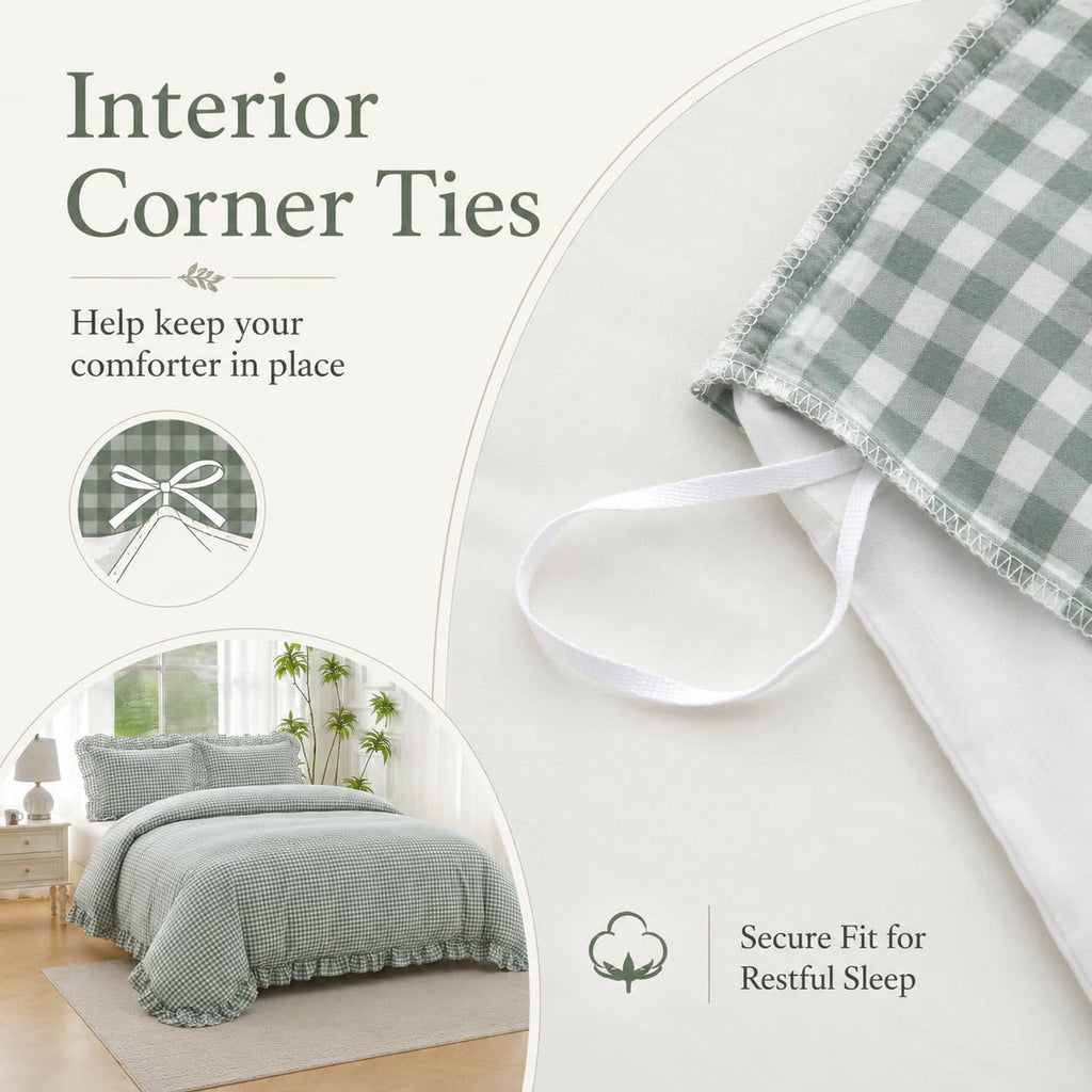 Dusty Green Gingham Ruffle Duvet Cover Set