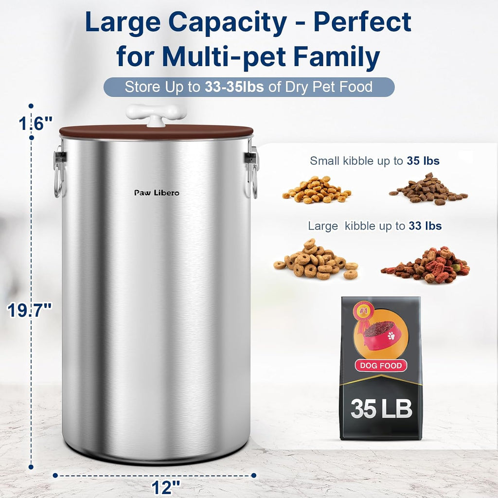 35 Lbs Stainless Steel Dog Food Storage Container with Airtight Lid & Ceramic Bone Handle, Large Metal Dog Food Bin