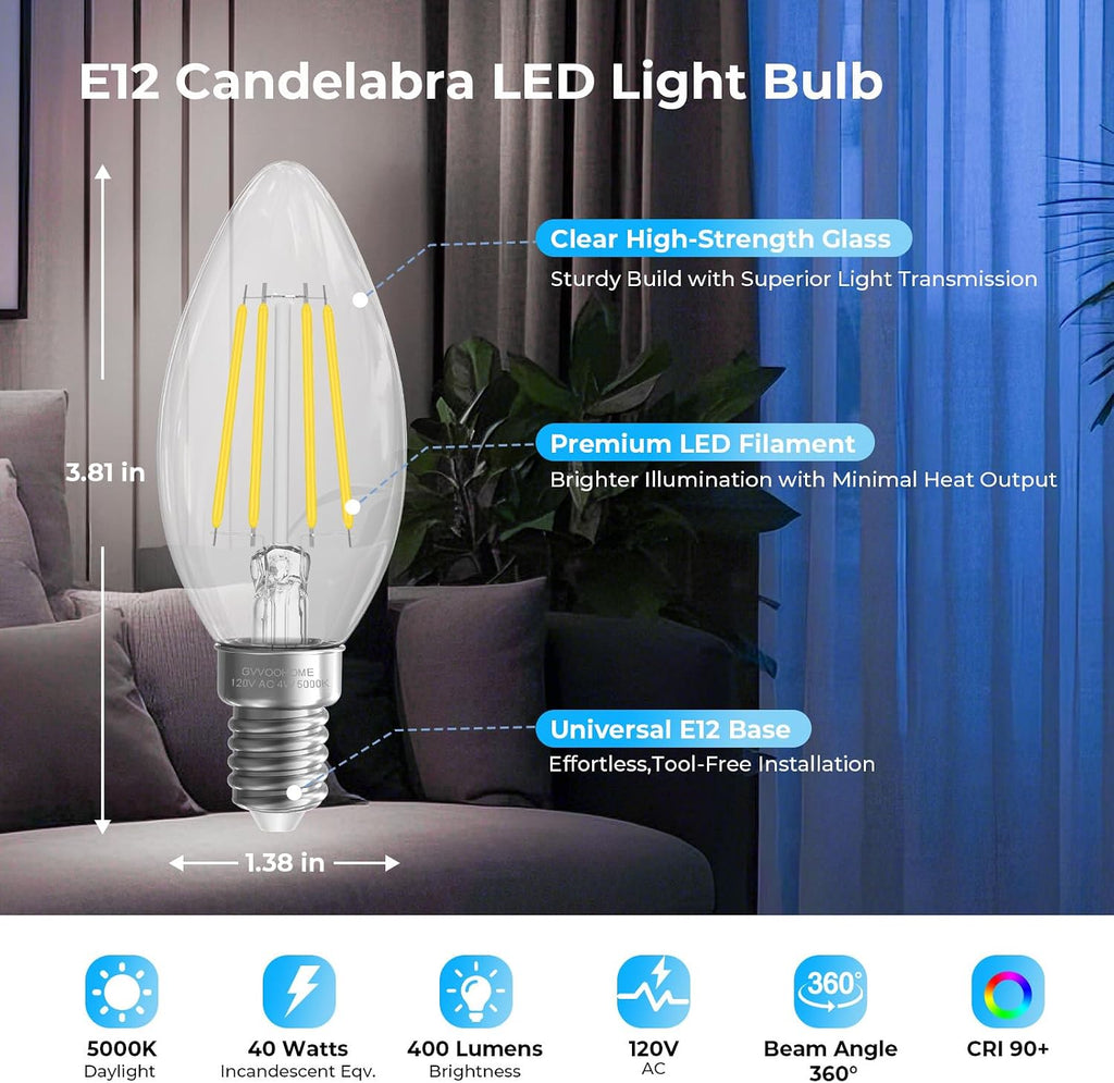 E12 Candelabra Bulb, 5000K Daylight LED Chandelier Light Bulbs