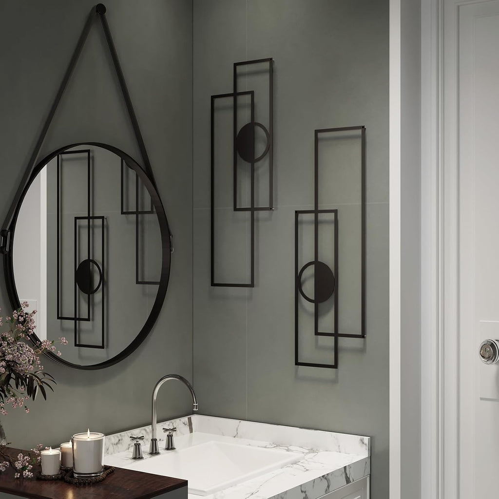 Abstract Metal Wall Art Large Modern Black Geometric Decor - Set of 4