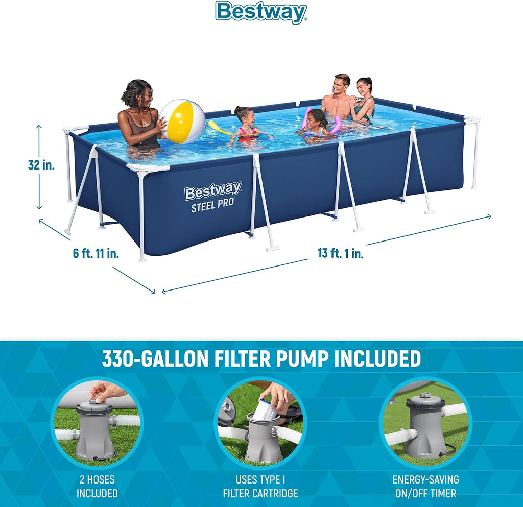 Steel Pro 13 Foot x 32 Inch Rectangular Above Ground Outdoor Pool Steel Framed Vinyl Swimming Pool with 1,506 Gallon