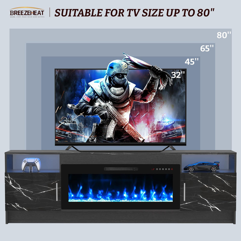 Electric Fireplace TV Stand with 36 inch Fireplace Up to 80" TVs-Led Entertainment Center with High Glossy Doors-70