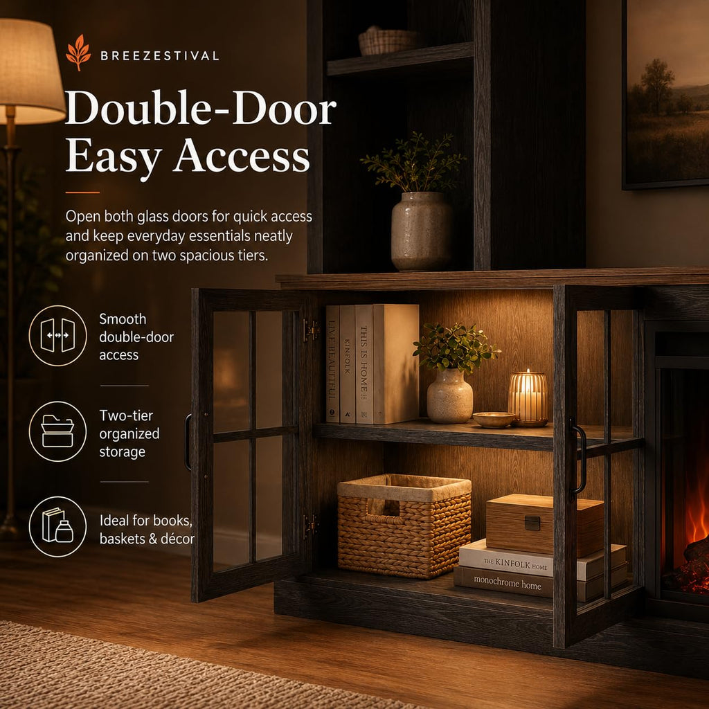 Black Farmhouse TV Stand with Fireplace, Entertainment Center, 98" Wall Unit Media Console with Bookshelf, Cabinet &
