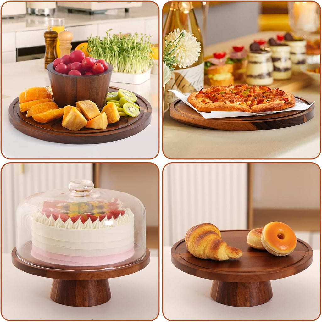 Acacia Wood Cake Stand with Glass Lid-12" Magnetic Base for Parties&Kitchen