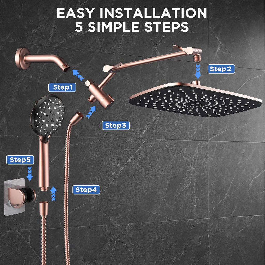 Rose Gold 11.8" High Pressure Shower Head with Handheld, Easy Install