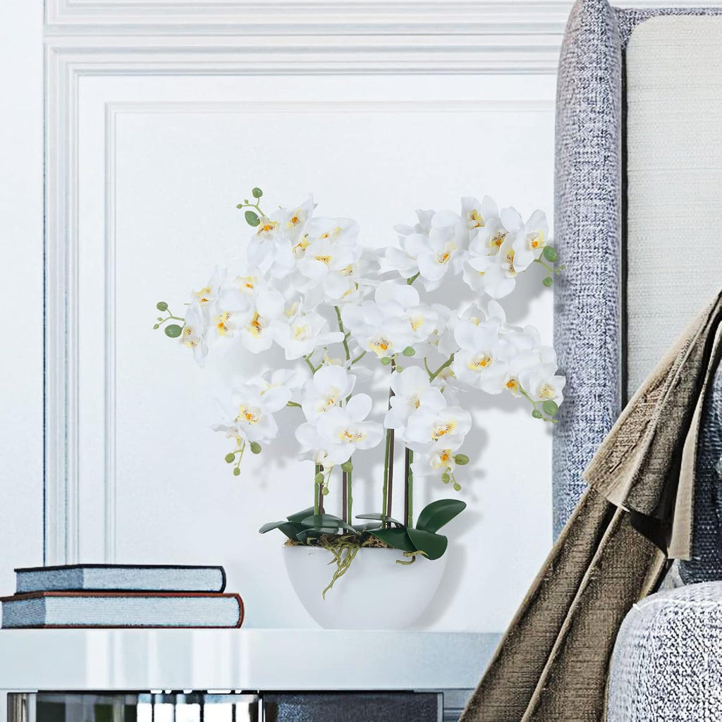 Artificial Orchid Flowers & Plants Potted in Ceramic Pot, White Faux Phalaenopsis Orchids for Table Centerpiece