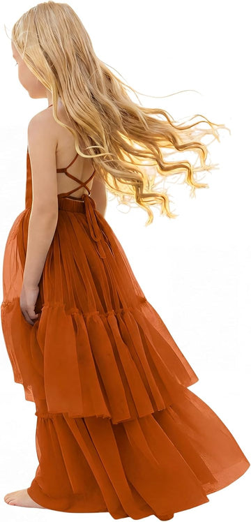 Boho Flower Girl Dress Tulle Spaghetti Strap Backless Layered Ruffle Maxi Dress Beach Wedding Garden Photoshoot