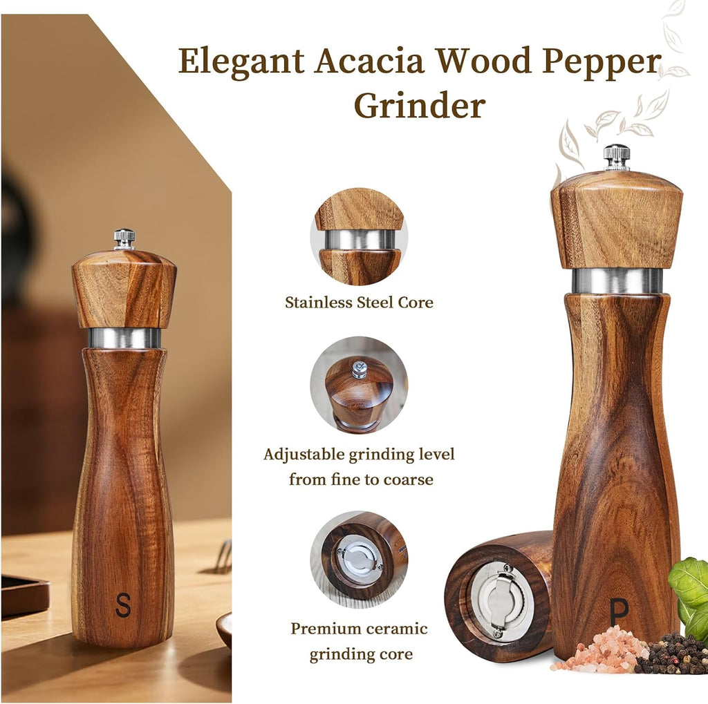 Acacia Wood Salt and Pepper Grinder Set Kitchen Home 8 Inch - Set of 2