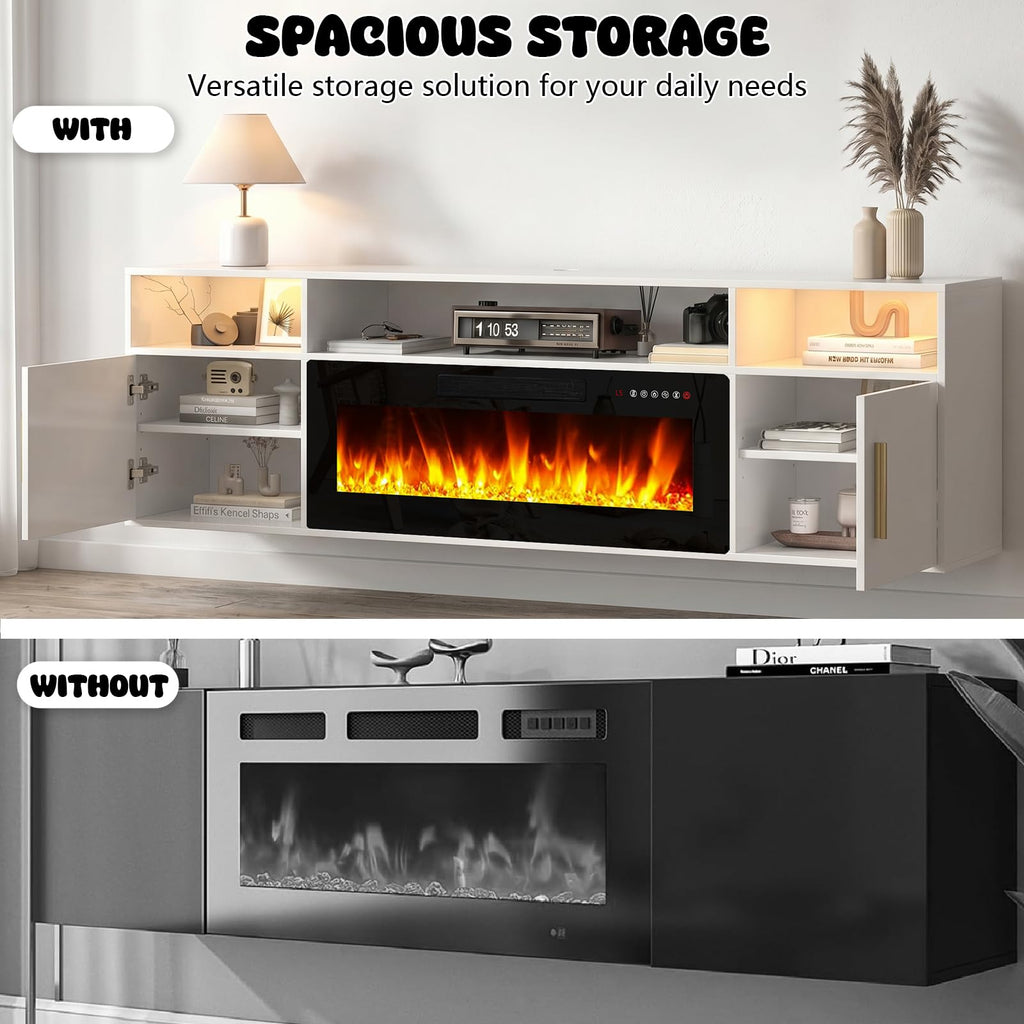 70" Floating TV Stand with 36" Electric Fireplace, Wall Mounted Fireplace LED Light Entertainment Center with Open