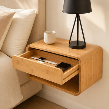 Bamboo Floating Nightstand with Drawer, Wall Mounted Bedside Table, Natural