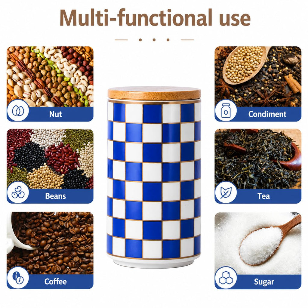 Checkered Airtight Ceramic Canister with Bamboo Lid for Food Storage
