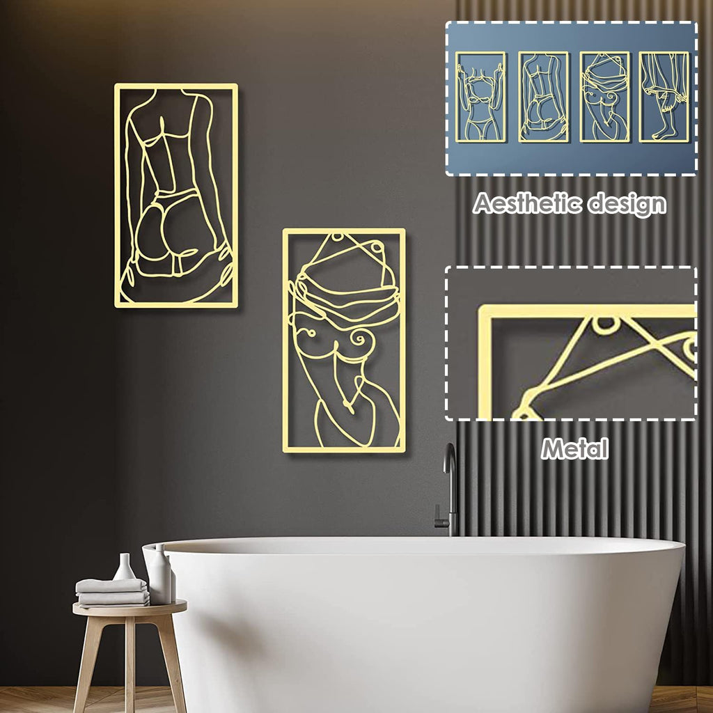4-Piece Abstract Line Metal Wall Art Print Decor Line Drawing Home Hanging Wall Art Bedroom Wall (Gold) - Set of 4
