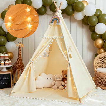 HalloDeer Teepee Tent for Kids with Padded Mat & Star Lights, Cotton Canvas Foldable Kids Teepee Indoor Outdoor
