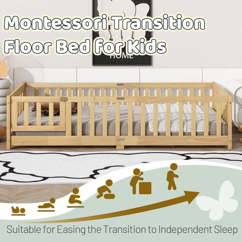 Floor Bed for Kids, Montessori Bed Frame with Door, Low Beds with Rail for Boys and Girls, No Box Spring