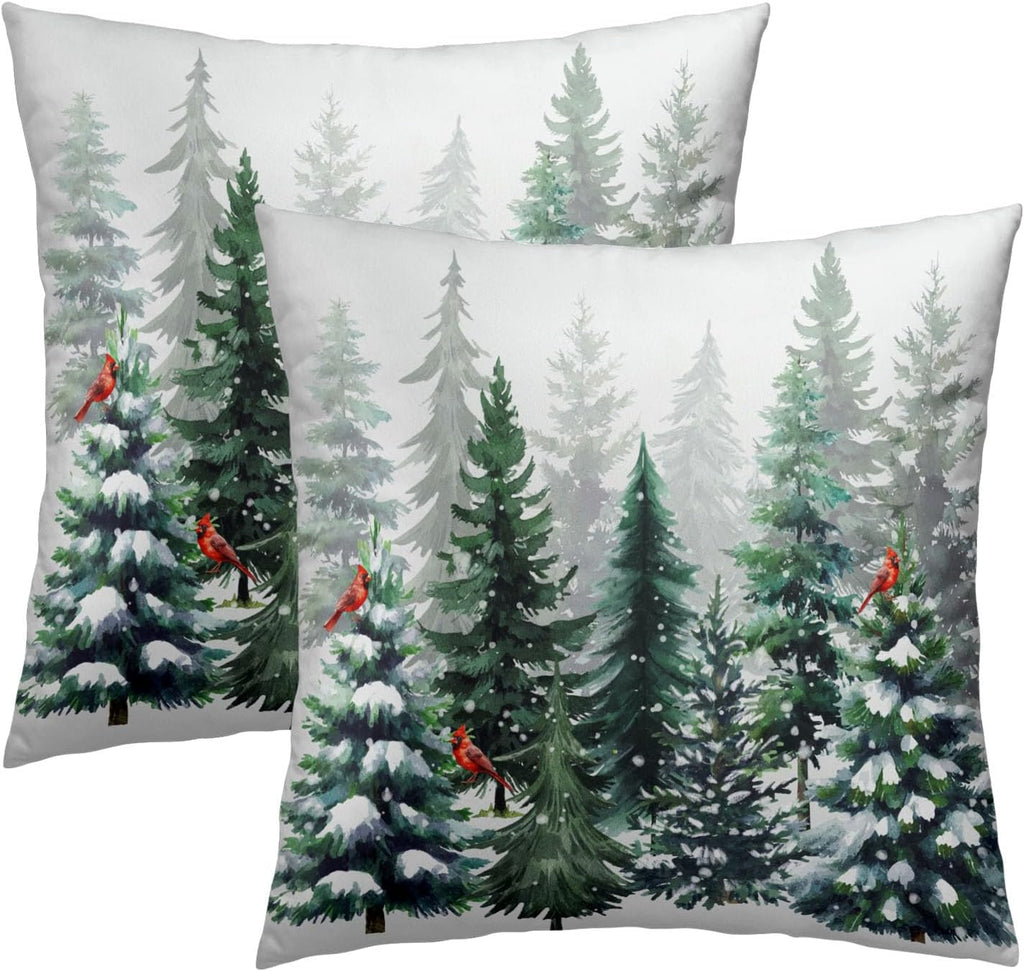 Winter Watercolor Snowflake Throw Pillow Covers 18X18 Inches Green Pine Tree Forest Red Bird Pillowcase Soft - Set of 2