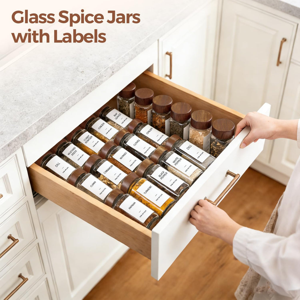 Glass Spice Storage Jars with Acacia Wood Lids & Labels 4Oz 24Pack