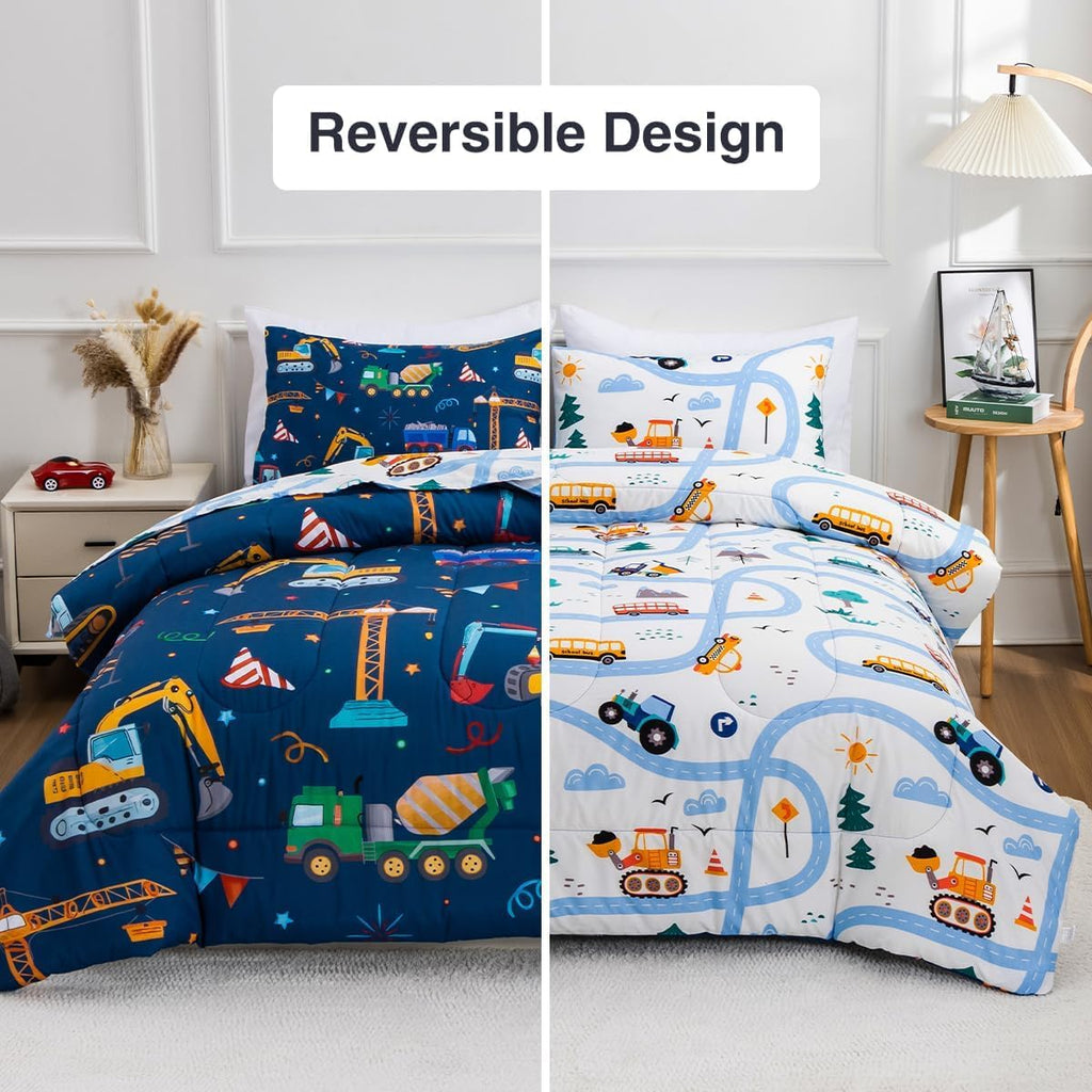 Cars Boy Bedding Comforter Set with Sheets, Twin Cartoon Construction Car Excavator Print Kids Bed in