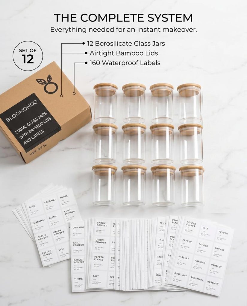 Glass Spice Jars with Label Pack (12x Bamboo Lid Glass Jar) Small 6oz Empty Spice Storage Bottles with 112 Printed