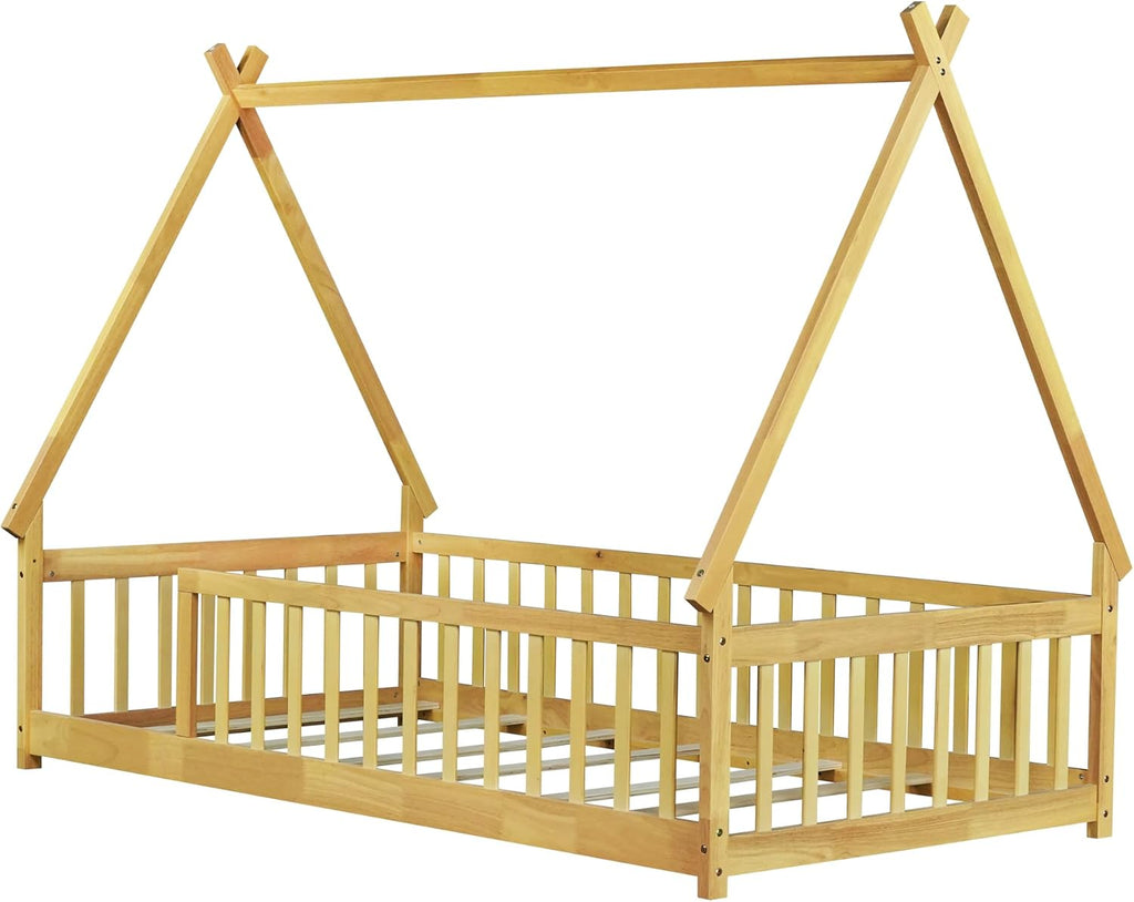 Floor Bed for Kids, Twin Size Teepee Tent Beds, Montessori Floor Bed with Slats and Fence Rails, Wood House Bed Frame