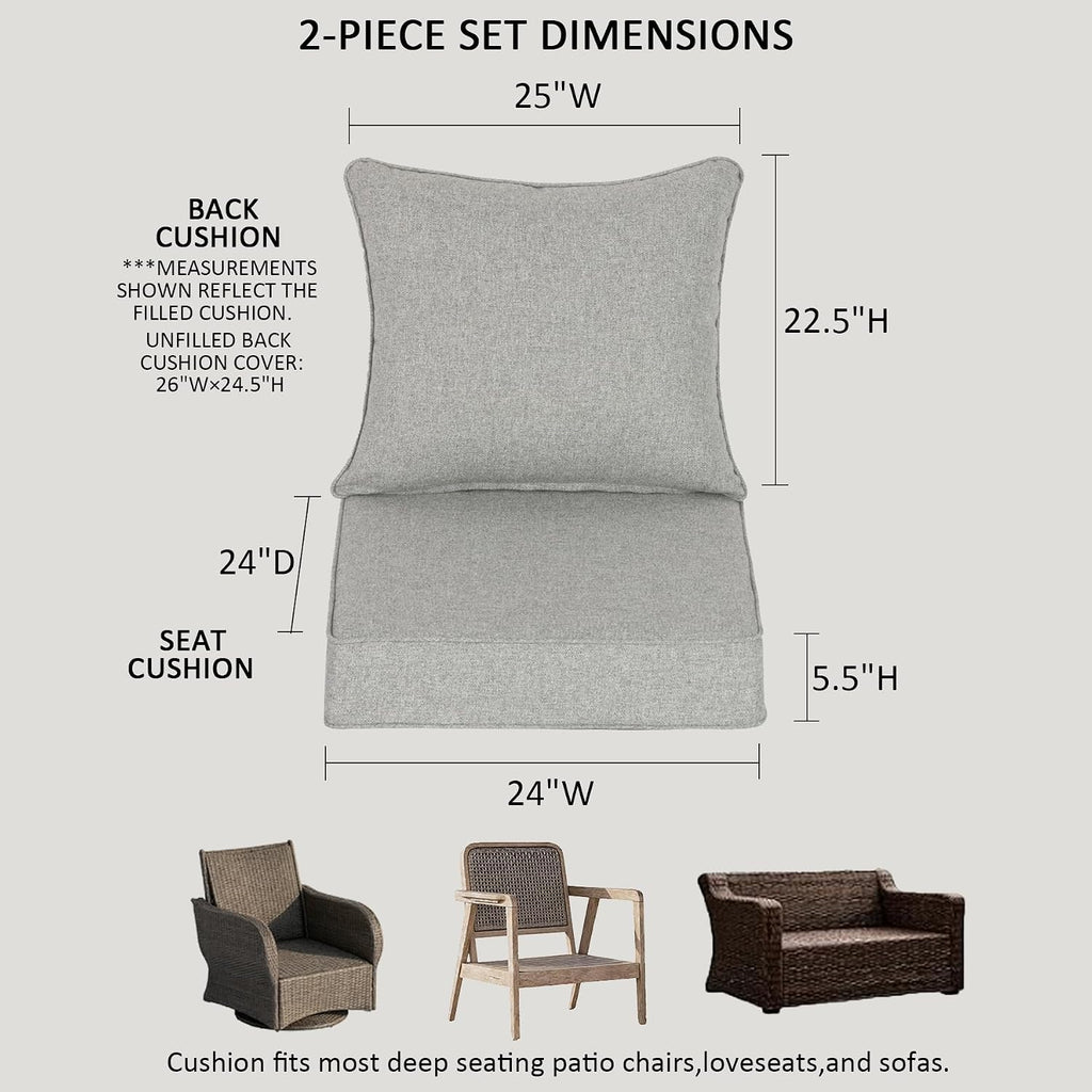24x24 Inch Outdoor Deep Seat Cushions Set of 2,Thick High-Density Foam, Water-Resistant, Piped Edges & YKK Hidden