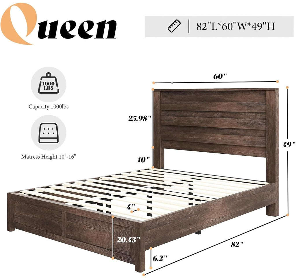 Farmhouse Bed Frame with 49" Fluted Headboard