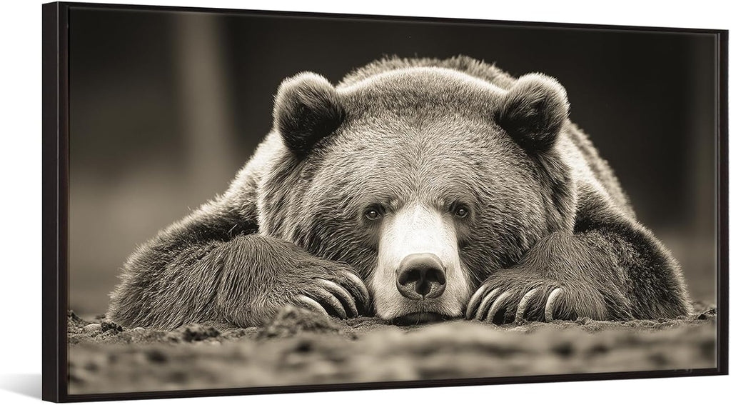 Grizzly Bear Wall Art Brown Animal Canvas Print with Black Floater Frame Rustic Woodland Decor Bedroom Cabin