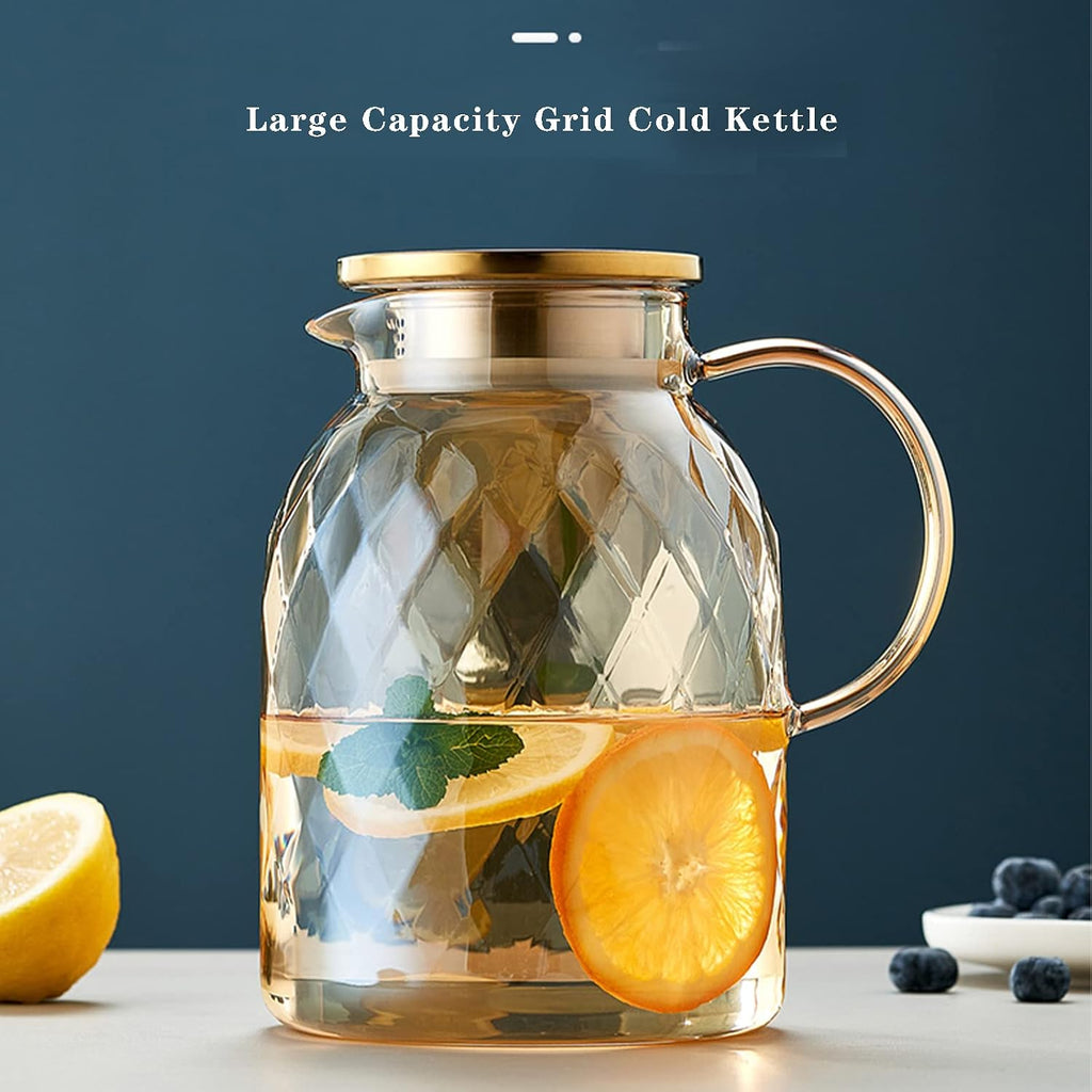 62oz Glass Pitcher with Lid - Amber Borosilicate Water Carafe, Heat Resistant Vintage Jug for Iced Tea, Juice