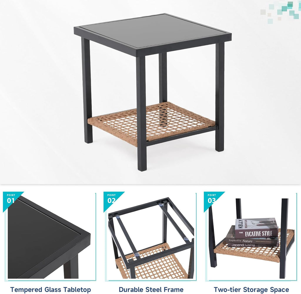 3-Piece Rocking Bistro Set, Small Wicker Patio Furniture Set | Outdoor Patio Rocking Chairs Set, 2-Tier Coffee Table