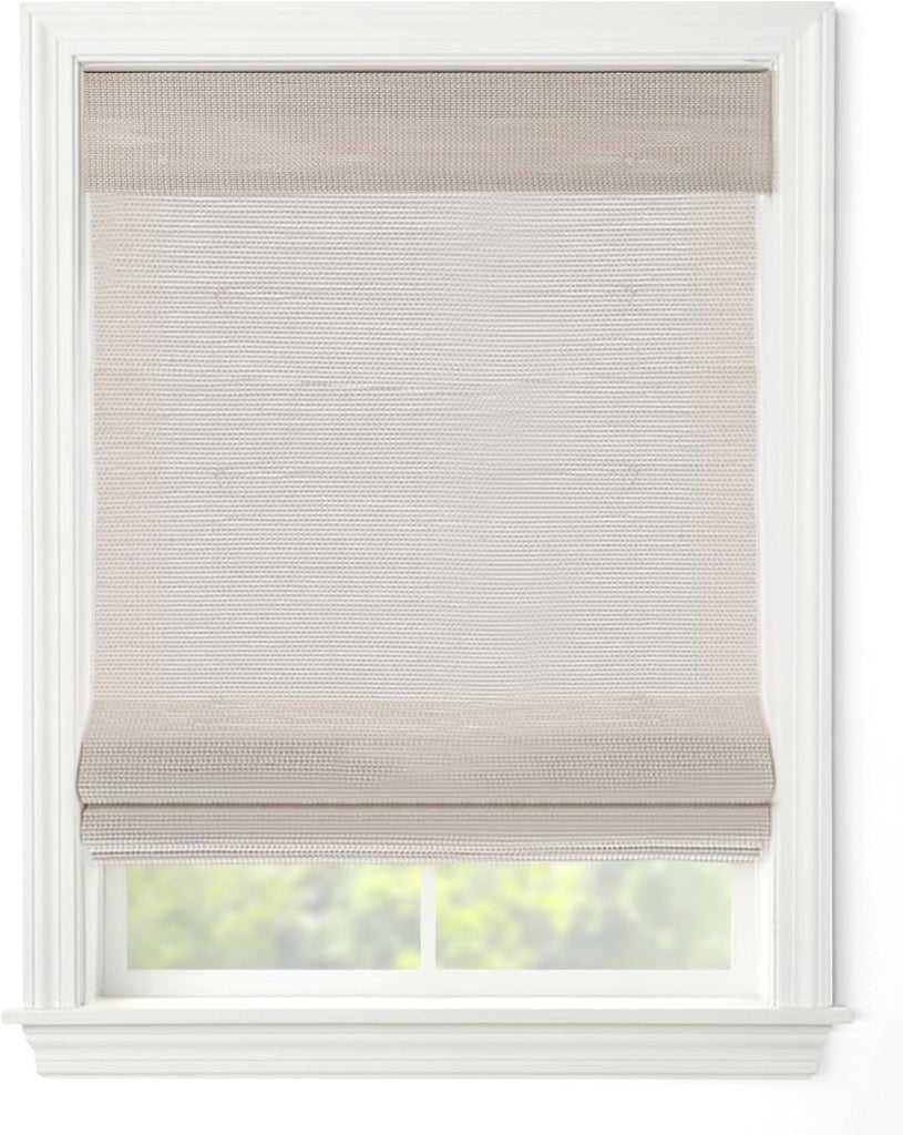 Cordless Woven Wood Roman Shades, 34W x 60H, Bamboo Mesh White, Sizes 20-72 Wide and 24-72 High