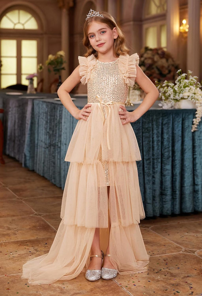 Girls Sequin Formal Pageant Fancy Party Ruffle Prom Maxi Dress