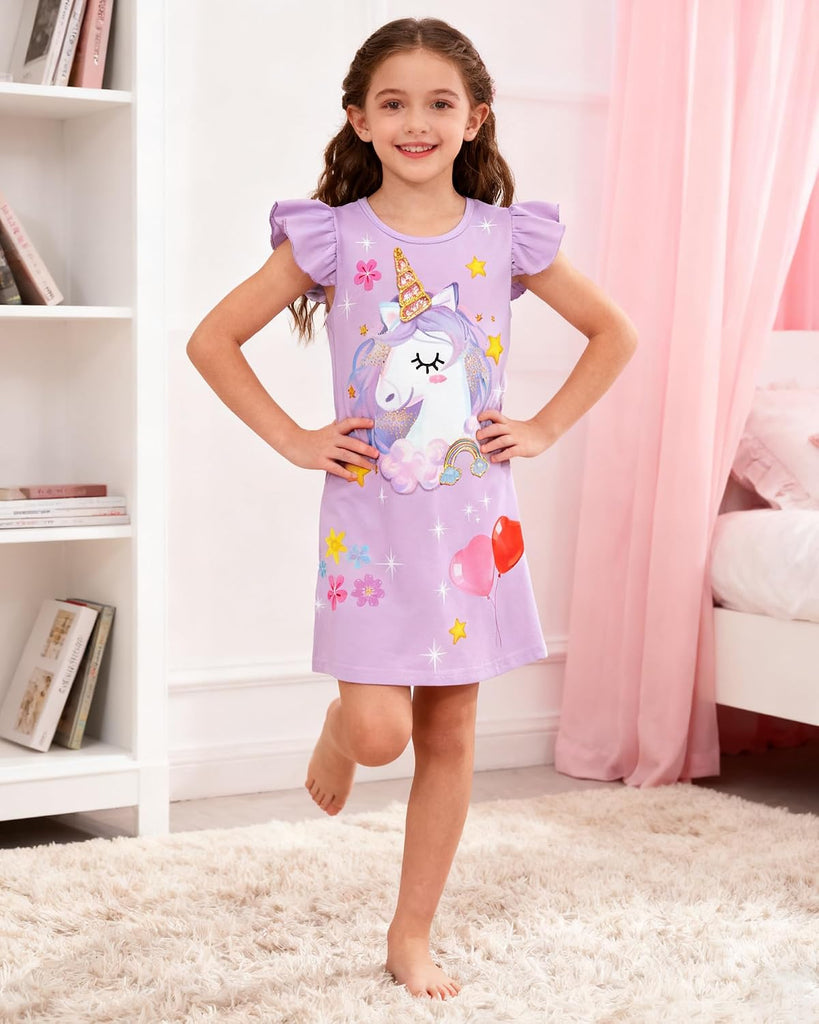 2Pcs Girls Nightgowns Flutter Short Sleeves Dress Nightdress Sleepwear Pajamas Nightgowns for Girls