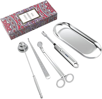 Candle Accessory Set with Rechargeable Electric Lighter, Storage Tray, Wick Trimmer, Snuffer, Dipper - Stainless - Set of 5