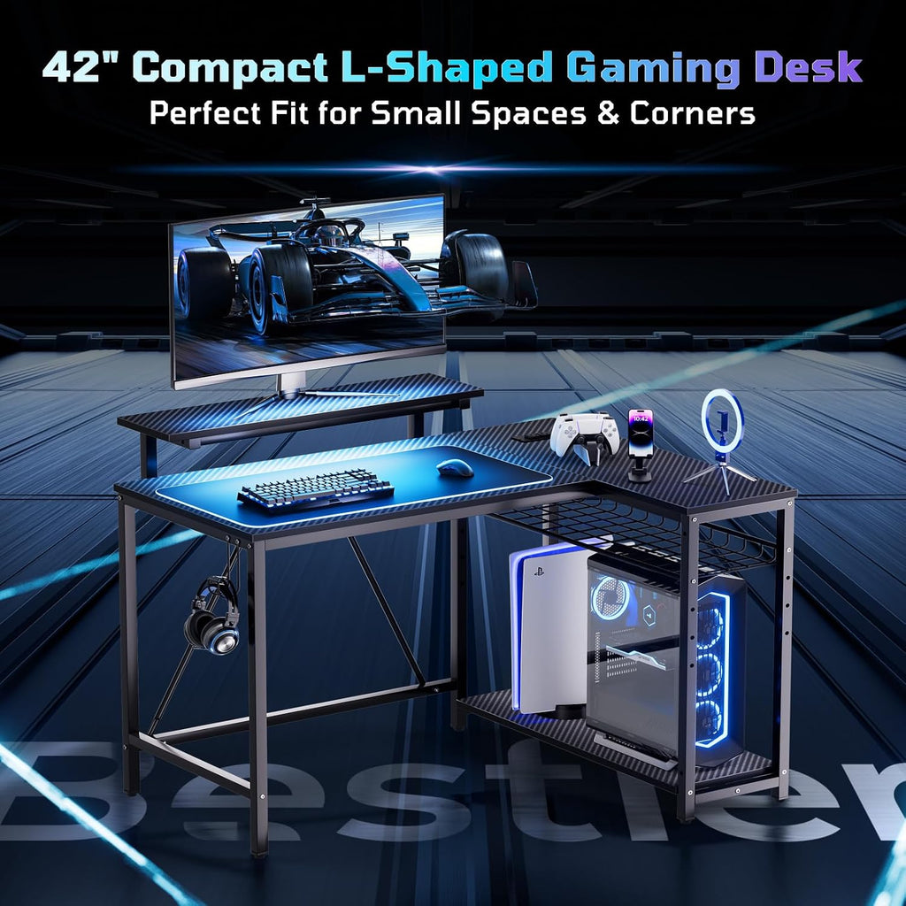 42-Inch L-Shaped Computer Desk with Charging & LED, Black | Charging 2AC+USB+Type-C, RGB LED Strip, Reversible