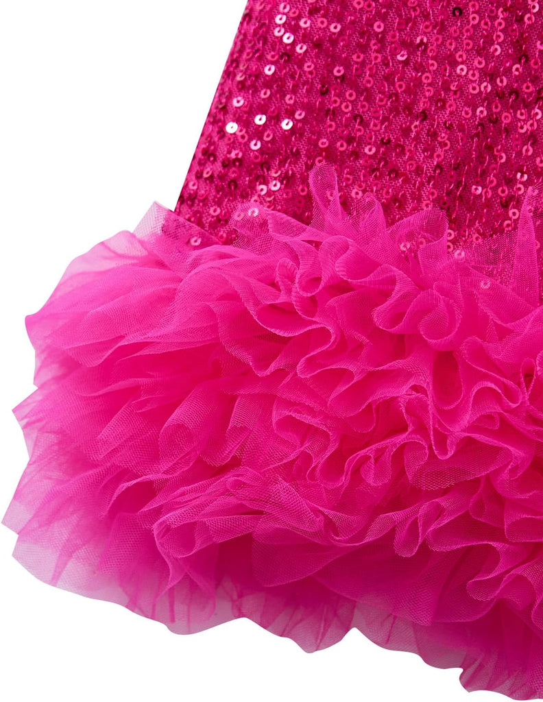 Dresses Summer Kids Ribbon Bow Sleeveless Birthday Party Tulle Ruffle Hem A-Line Sequin Dress