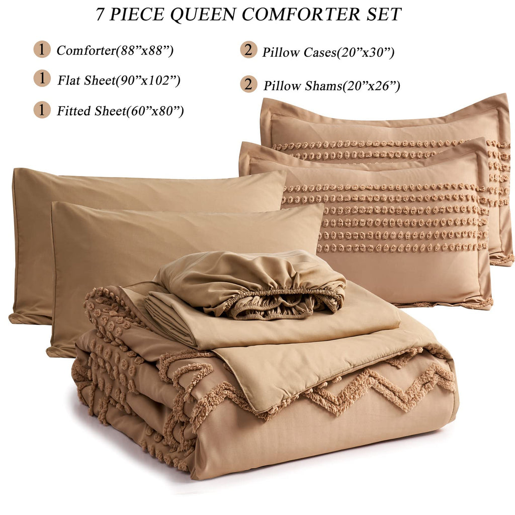Tufted Boho Comforter Set, 7 Piece Bed in a Bag, Tan