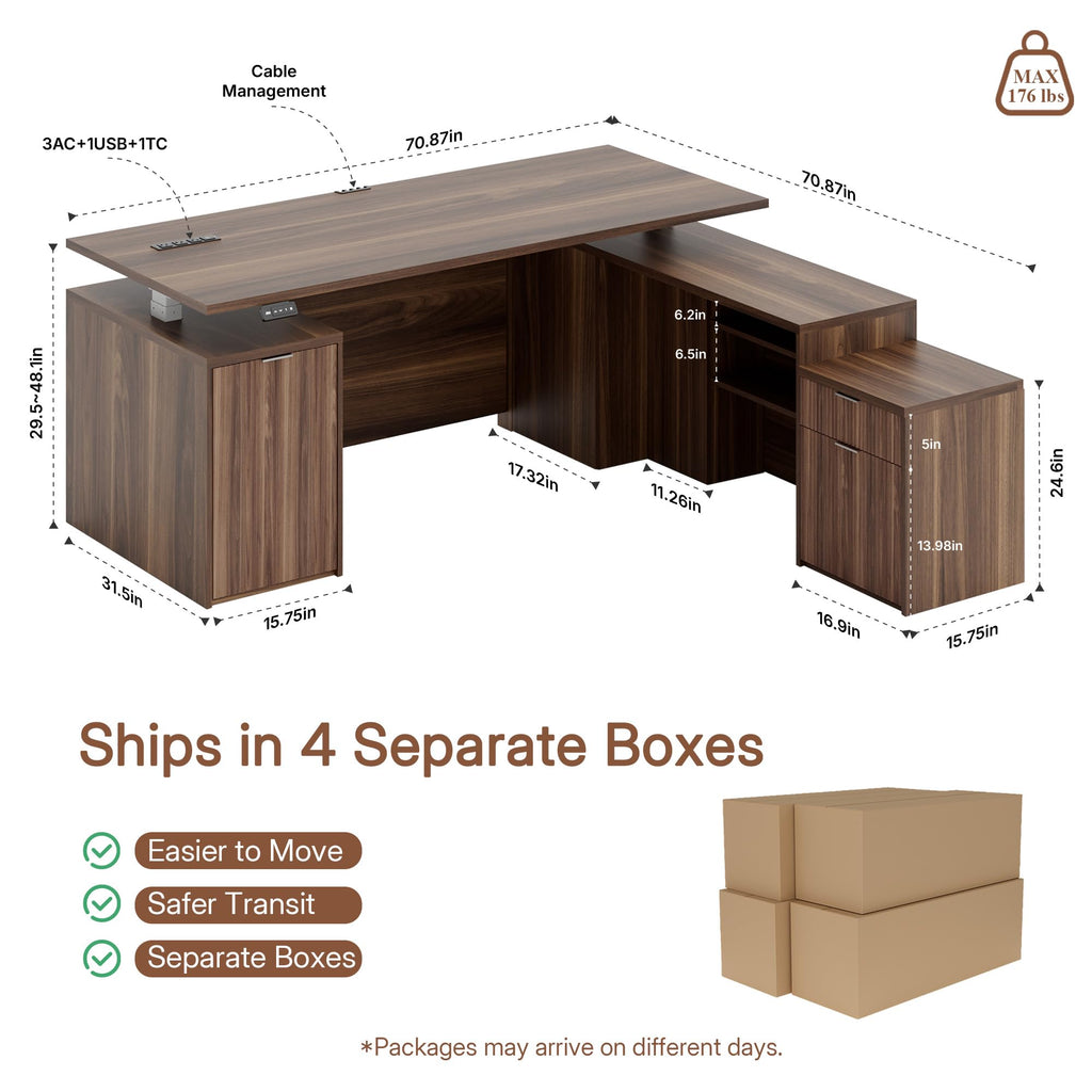 71" L Shaped Executive Desk with File Cabinet Drawers Outlet USB, Height Adjustable Office Desk Blister Board Privacy