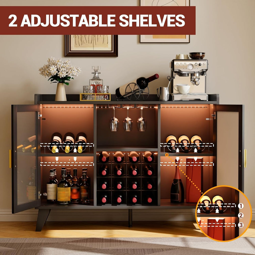 47" Wine Cabinet with LED Light, Living Room Compact Wine Bottle Storage , Wine Bar Cabinet with Glasses Rack