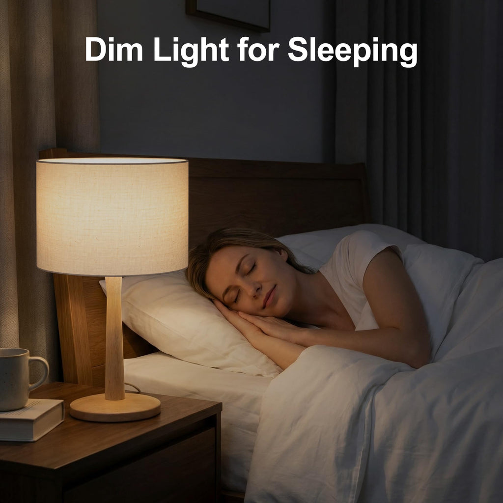 16.3" Natural Wood Table Lamp with Linen Drum Shade, E26 Base, Beige