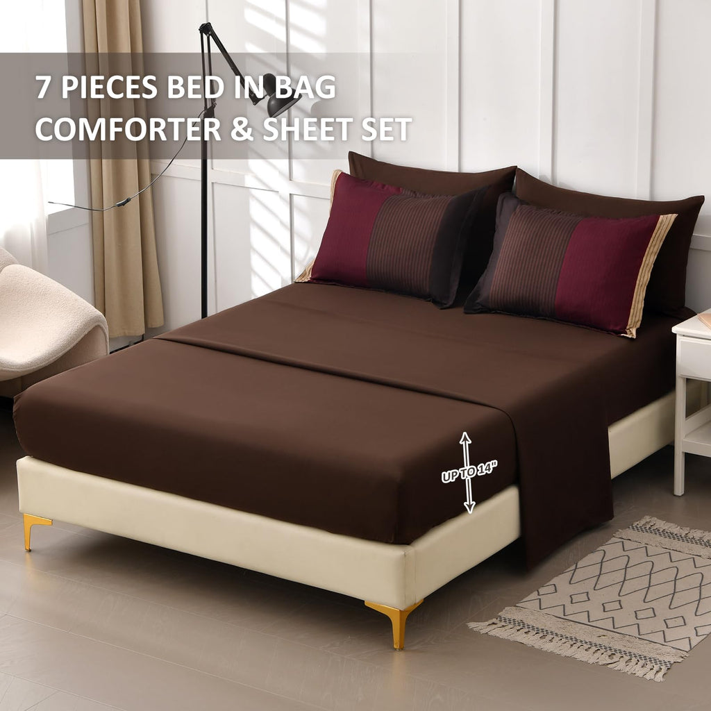 Red and Brown Comforter Set, Boho Burgundy Striped Bedding Comforter Set 7 Piece Bed in a Bag, Soft