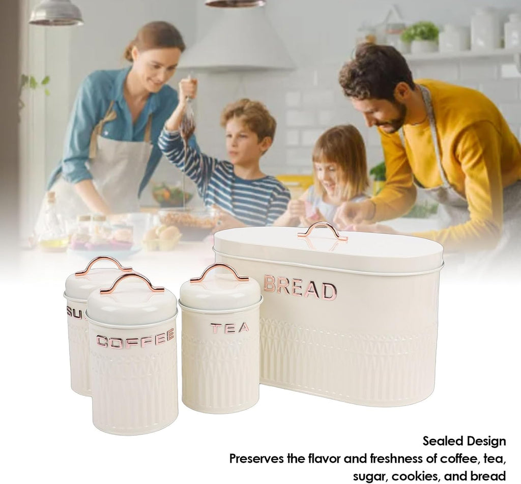 Kitchen Canister Set with Bread Box for Countertop, 4PC Iron Coffee Tea Sugar Canisters Storage with Lid, Airtight