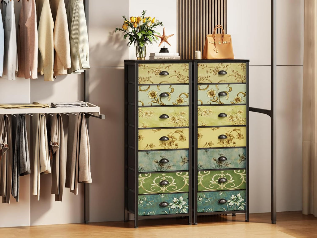 White Bedroom Dresser, Tall Dressers & Chests of Drawers with 7 Fabric Bins & Vintage Dressers & Chest of Drawers
