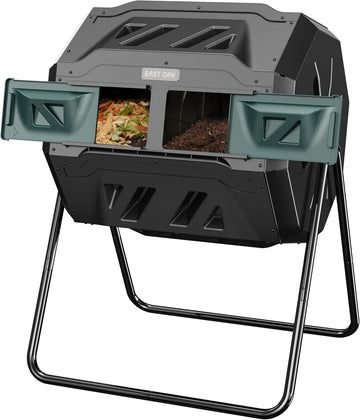 Compost Tumbler Outdoor, 43-Gal Dual Chamber Compost Bin with 2 Sliding Door and Aeration System, Tumbling Rotating