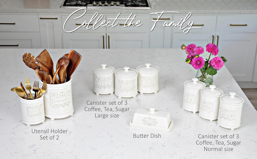3-Piece Ceramic Canister Set, 35 Oz Each, 6.5-Inch, Airtight Lids - Set of 3
