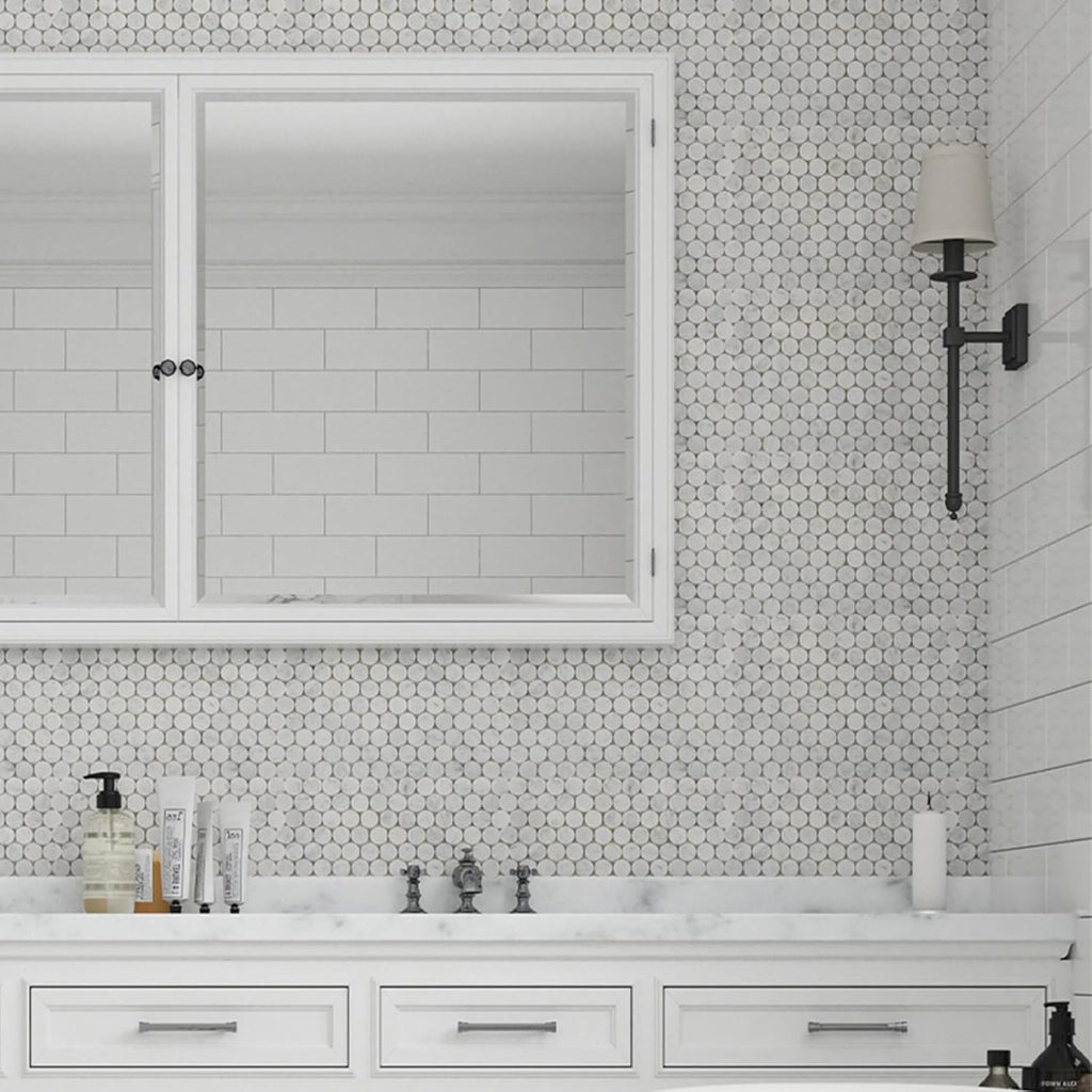 Carrara White Marble Mosaic Tile Bathroom Floor 1 Inch Penny | Water & Heat Resistant Polished Marble Backsplash for