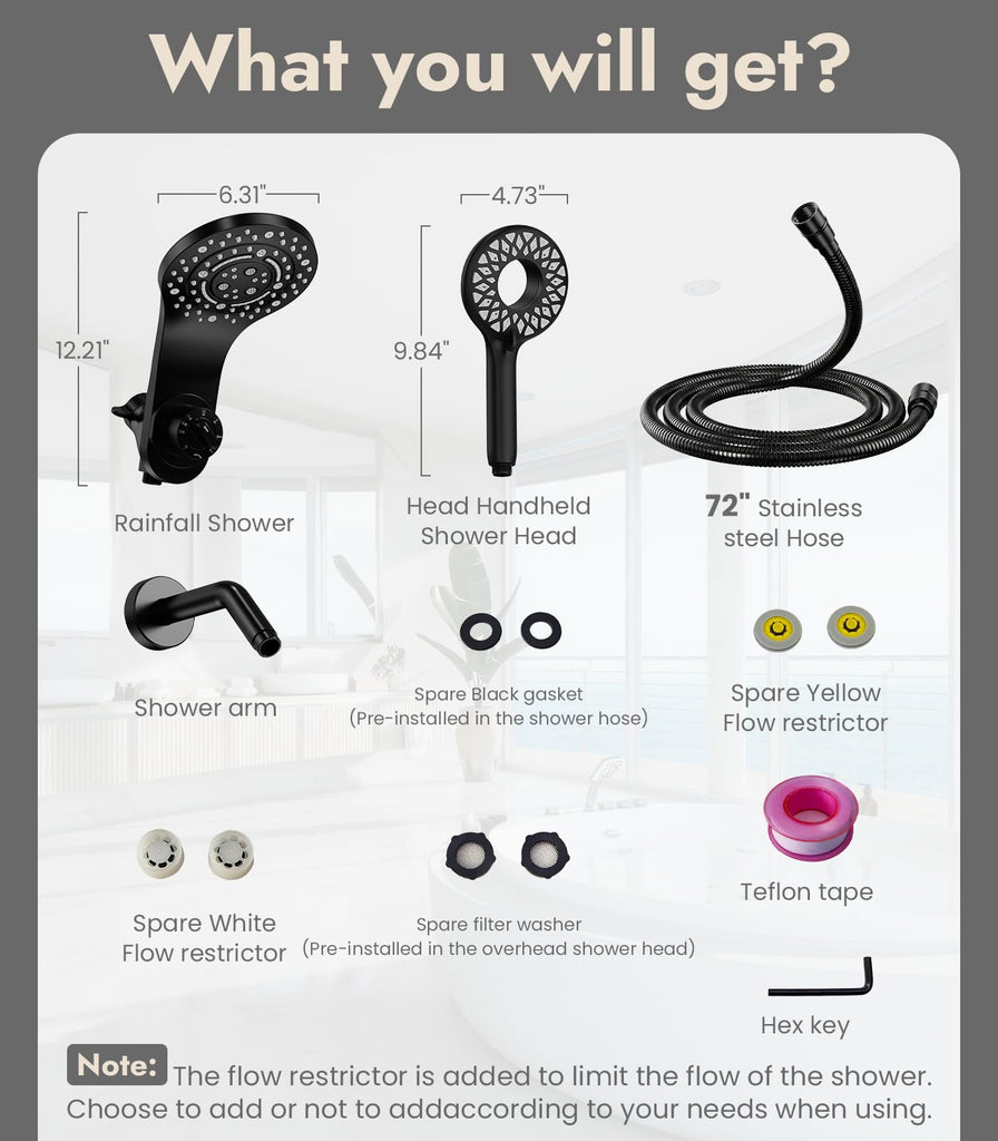 Rain Shower Head with Handheld, 13-Function High Pressure Dual Shower Head, 2-in-1 Magnetic Rainfall Showerhead Combo