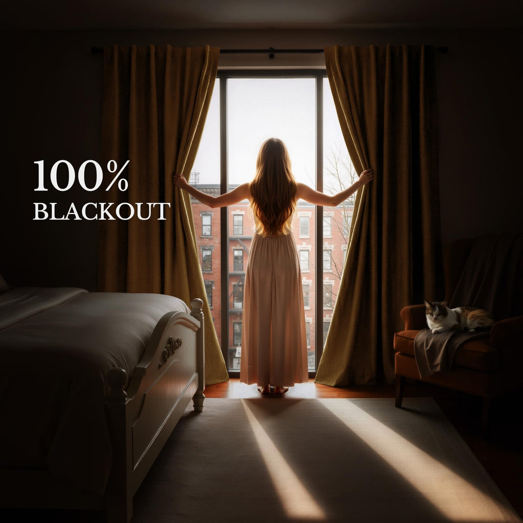 Scratch-Proof 100% Blackout Mustard Yellow Curtains, High-Density Linen Blend Window Treatments Rod Pocket & Back Tab