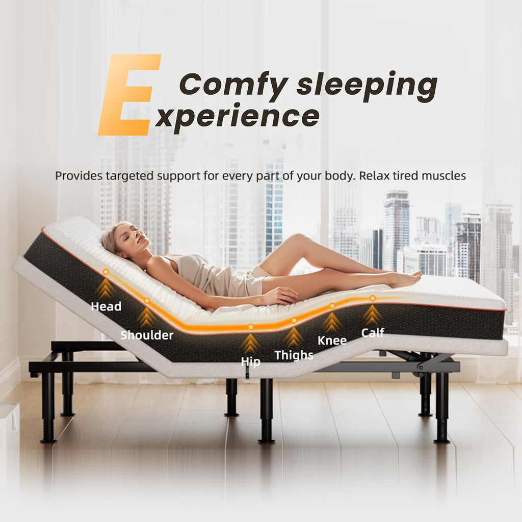 King Adjustable Bed Frame with Massage, Wireless Remote, Head Foot Incline, USB, Underbed Light - Heavy Duty